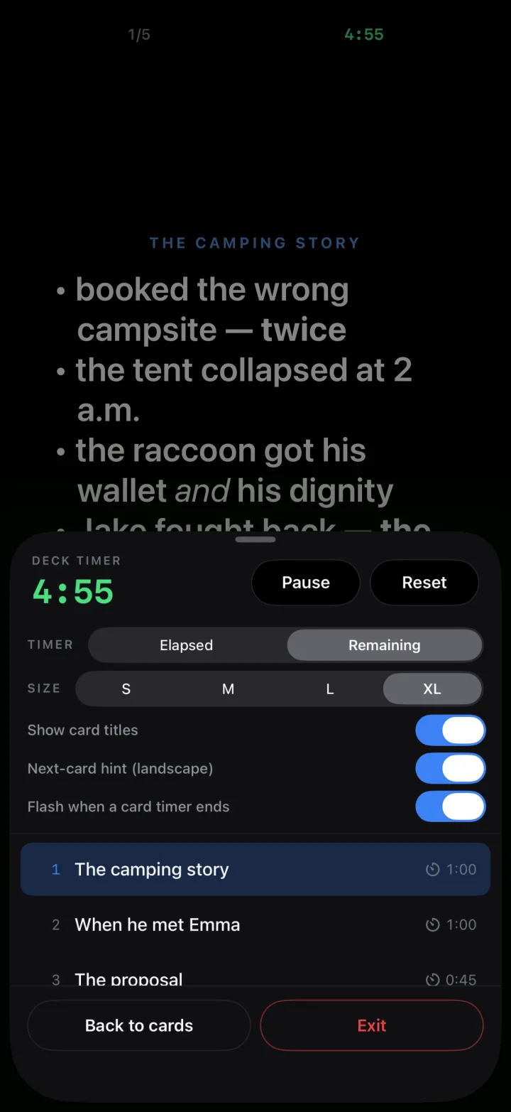 Deck timer, text size and card list options